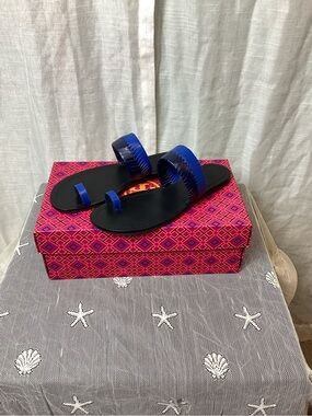 Tory Burch Neptune Baltic Blue Bi-Color Woven Flat Sandals; Size: 6.5